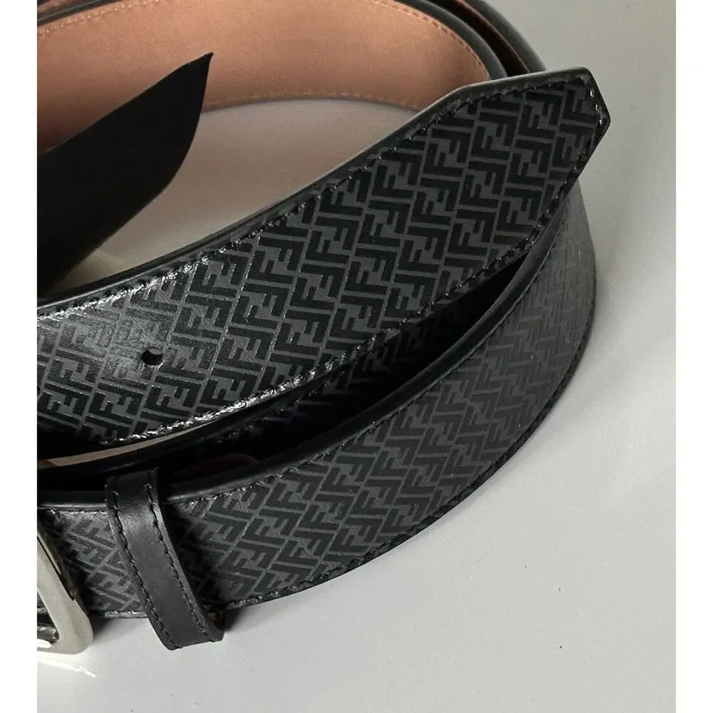 NWT $590 Fendi FF Logo Calf Leather Black/Grey Belt 110/44 Italy 7C0434